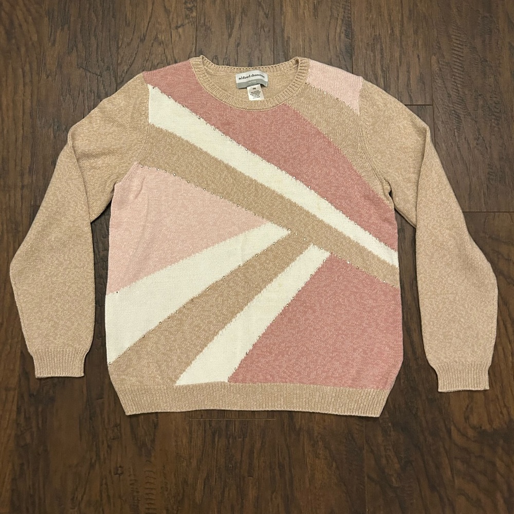 Alfred Dunner Blush Brown Cream Knit Top with Embellishments Stones Size Medium